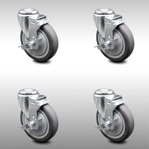 5 Inch SS Thermoplastic Rubber Wheel Swivel Bolt Hole Caster Set with Brake SCC